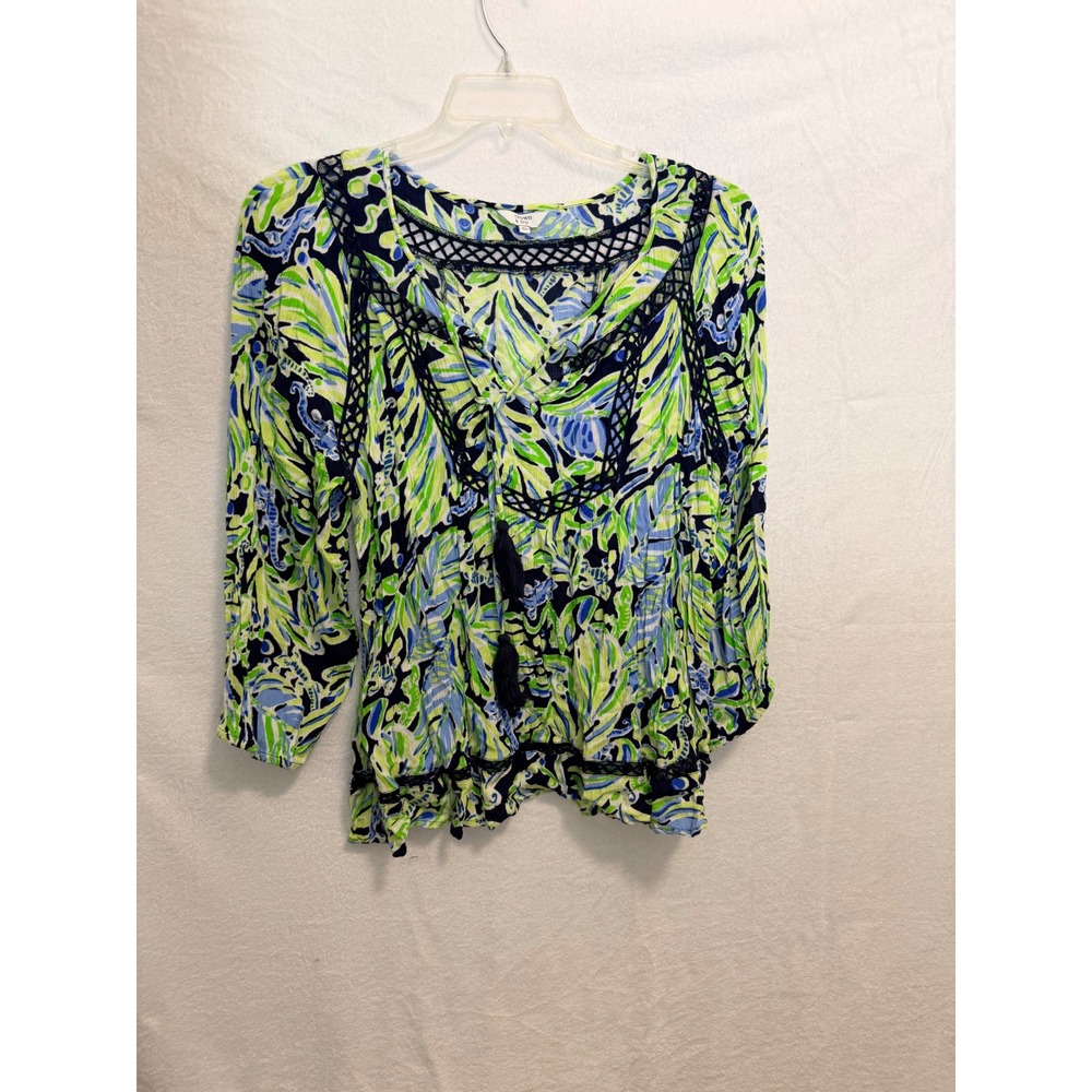 Crown & Ivy Womens XL Tropical Leaf Crochet Lace Trim Tassel Peasant Blouse Top